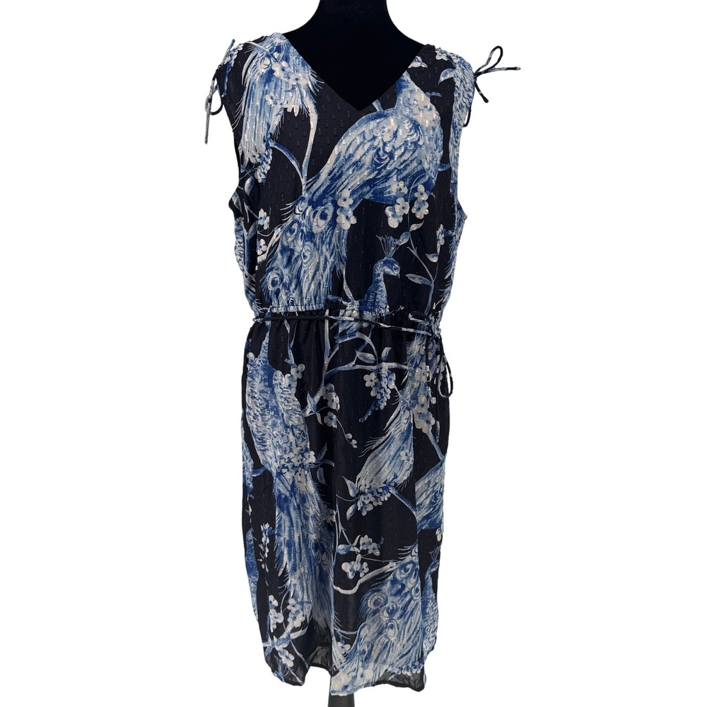 Liz Claiborne Peacock Midi Dress Womens Large Navy New Bird Print Metallic Tie